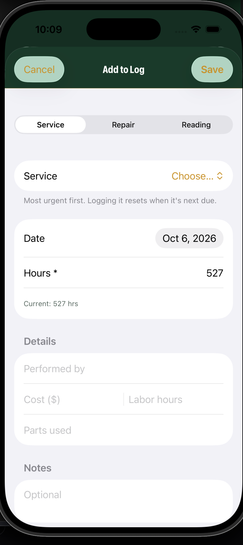 iPhone Add to Log form with Service, Repair and Reading tabs