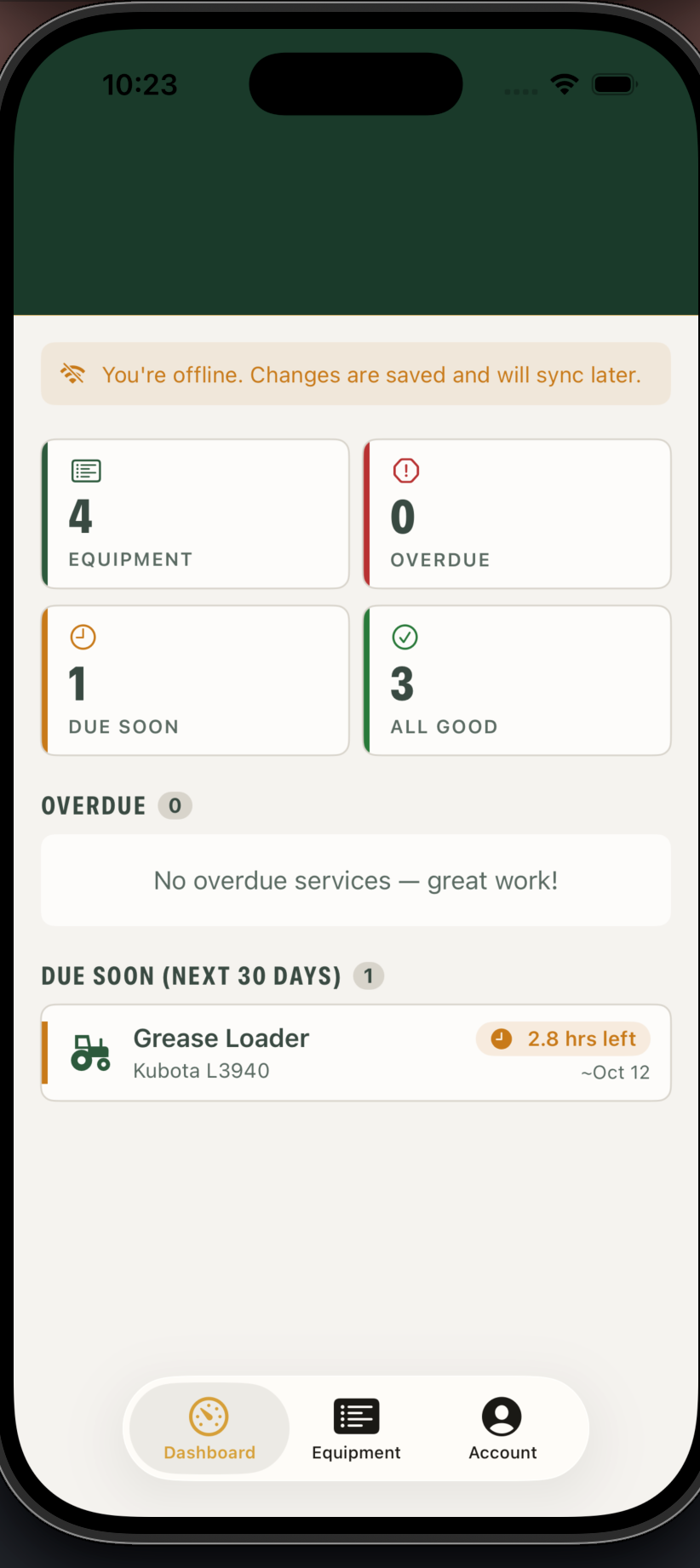 iPhone dashboard showing an offline banner, equipment counts and one service due soon